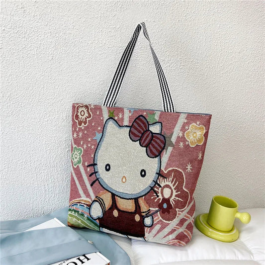 Pink Kitty Retro Knitted Tote Bag